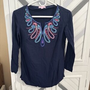 Lilly Pulitzer Women's XS Navy Blue Aqua Pink Embroidered Beaded Long‎ Sleeve